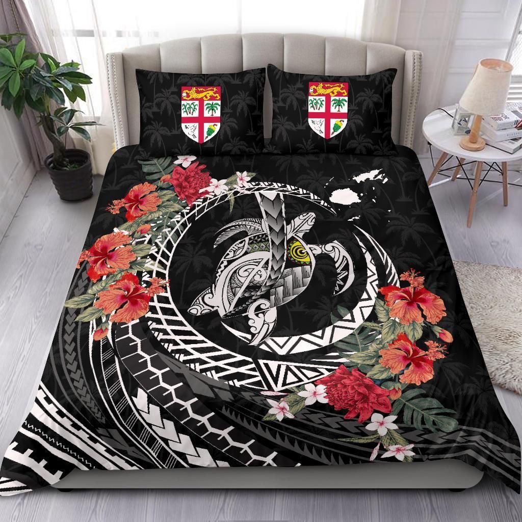 Polynesian Duvet Cover Set - Fiji Bedding Set Polynesia Map Turtle Hibiscus