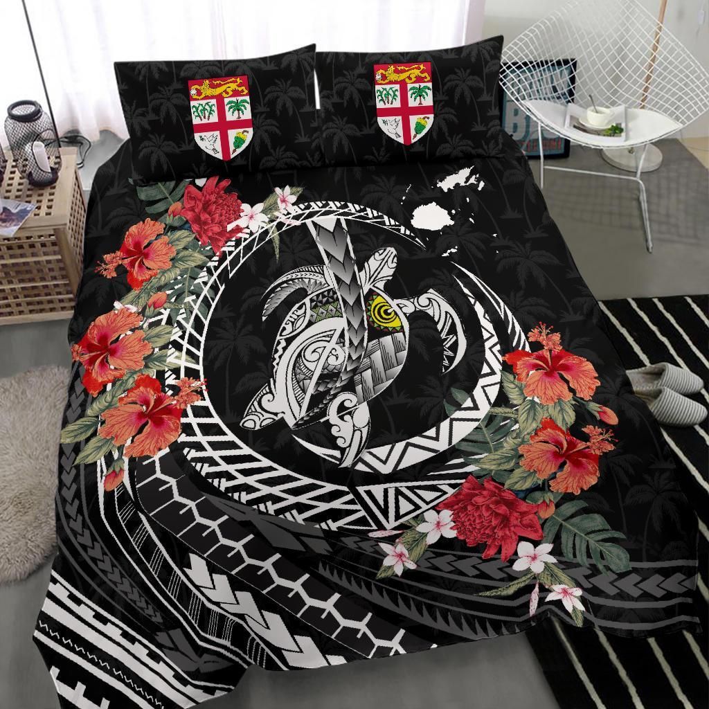 Polynesian Duvet Cover Set - Fiji Bedding Set Polynesia Map Turtle Hibiscus