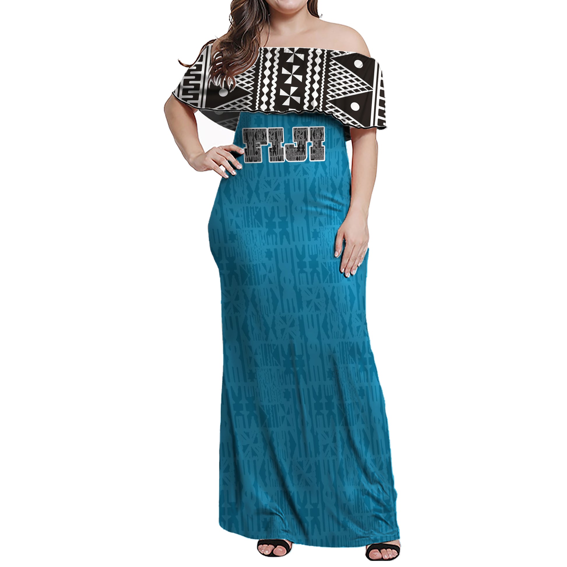 Fiji Women Off Shoulder Long Dress Fijian Tapa Pattern