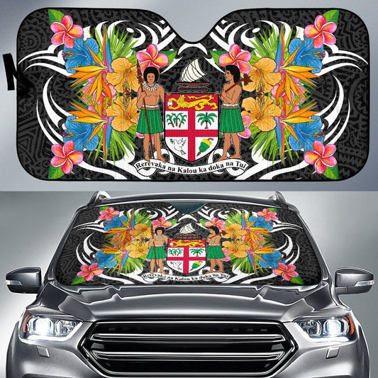 Fiji Auto Sun Shades - Coat Of Arms With Tropical Flowers