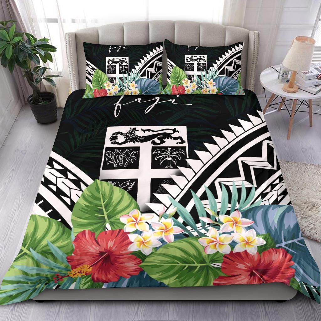 Fiji Bedding Set - Fiji Coat Of Arms & Polynesian Tropical Flowers White