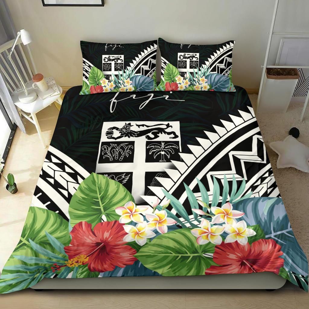 Fiji Bedding Set - Fiji Coat Of Arms & Polynesian Tropical Flowers White