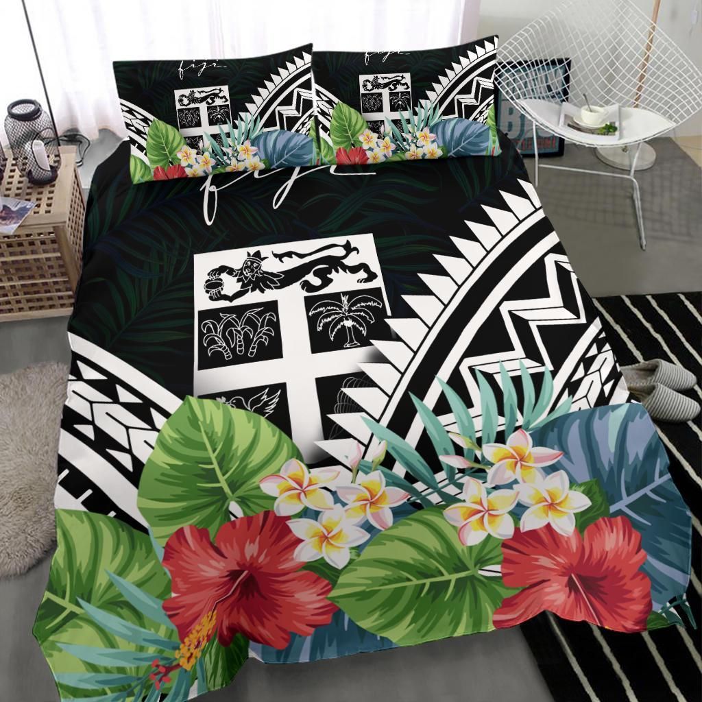 Fiji Bedding Set - Fiji Coat Of Arms & Polynesian Tropical Flowers White