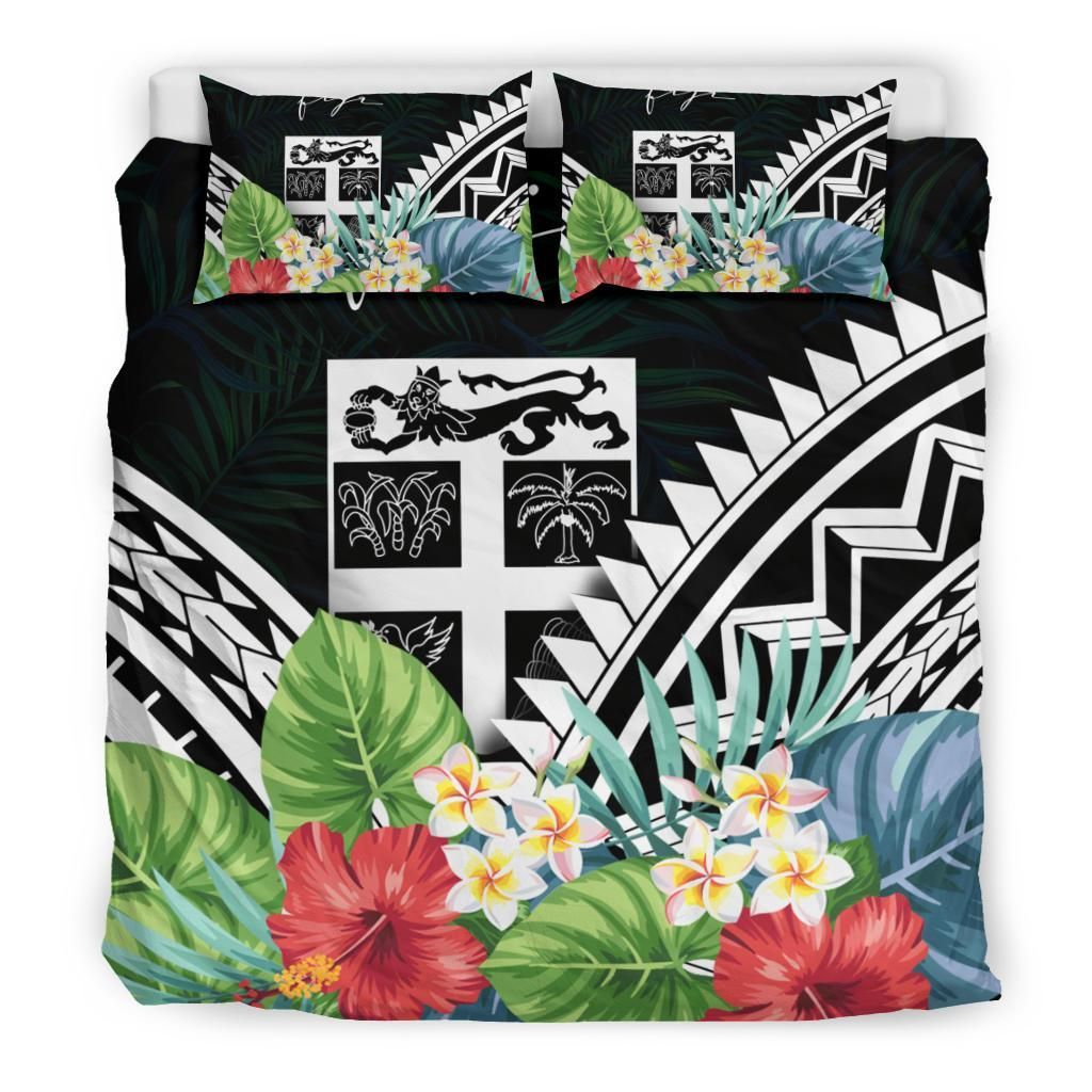 Fiji Bedding Set - Fiji Coat Of Arms & Polynesian Tropical Flowers White