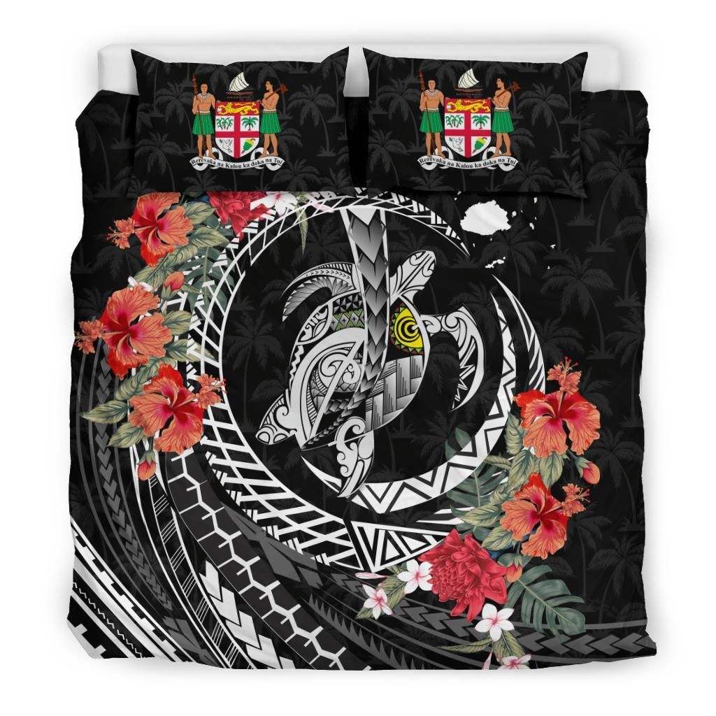 Polynesian Duvet Cover Set - Fiji Bedding Set Polynesia Map Turtle Hibiscus