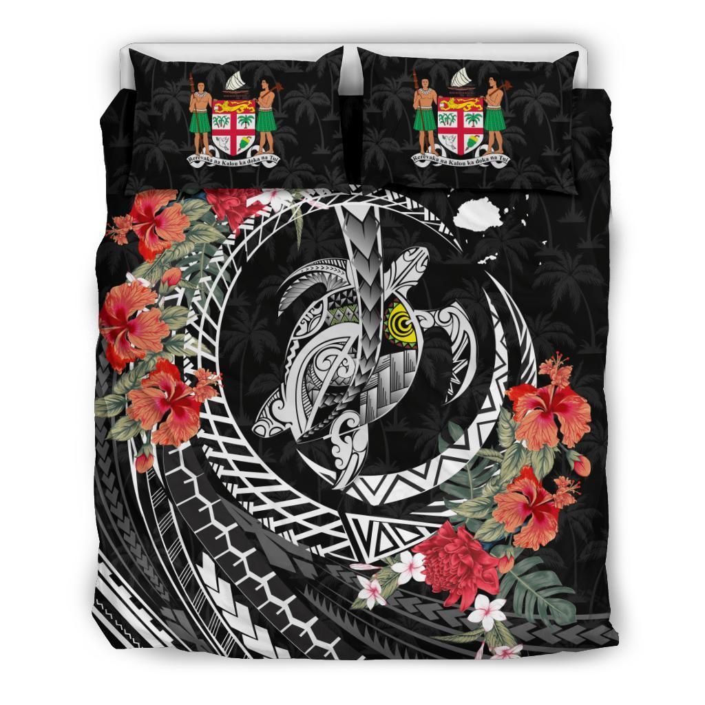 Polynesian Duvet Cover Set - Fiji Bedding Set Polynesia Map Turtle Hibiscus
