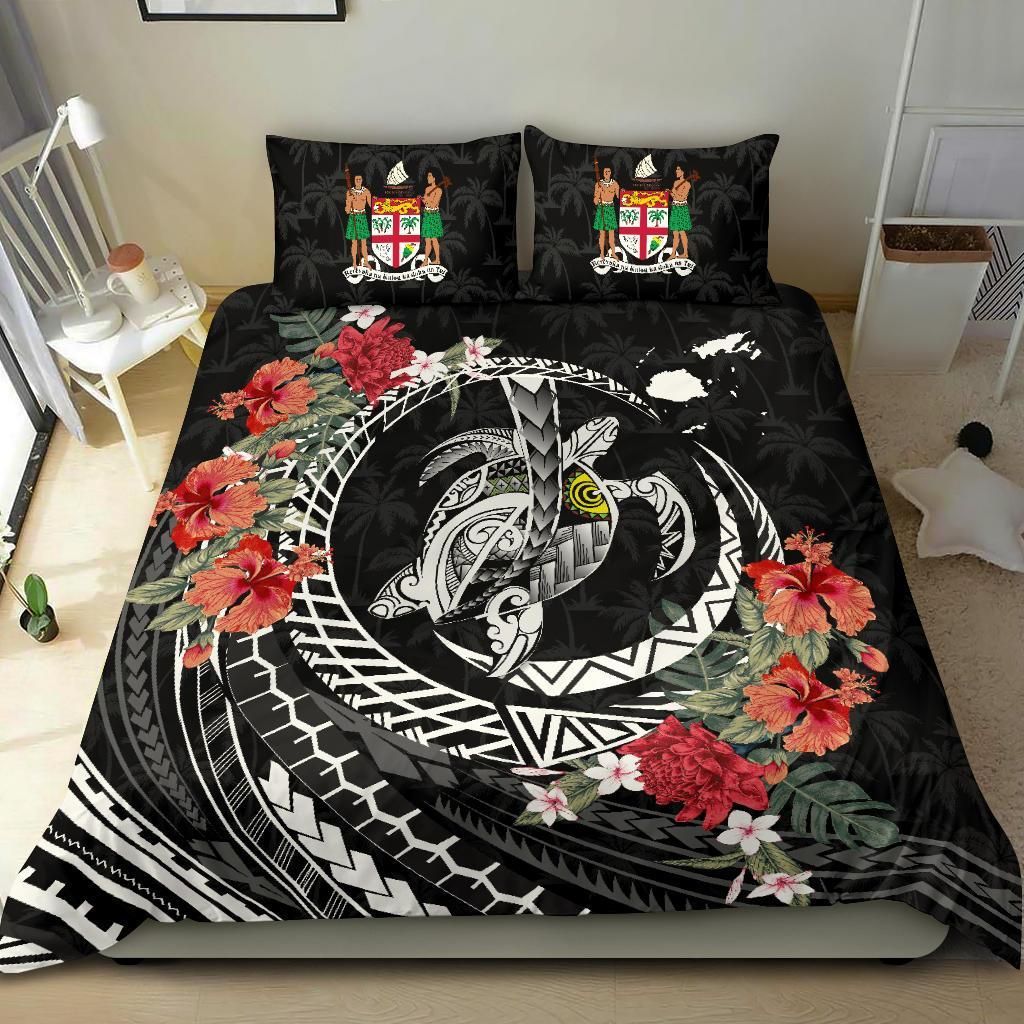 Polynesian Duvet Cover Set - Fiji Bedding Set Polynesia Map Turtle Hibiscus
