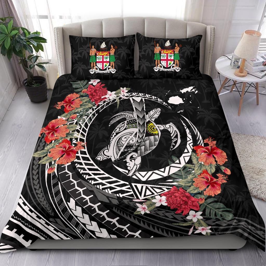Polynesian Duvet Cover Set - Fiji Bedding Set Polynesia Map Turtle Hibiscus