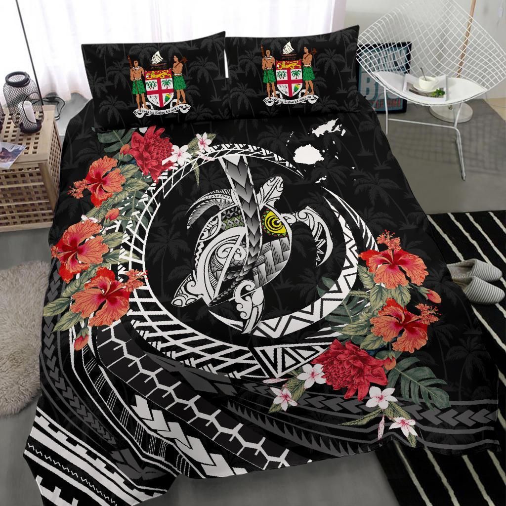 Polynesian Duvet Cover Set - Fiji Bedding Set Polynesia Map Turtle Hibiscus