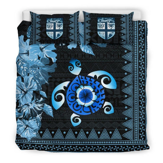 Polynesian Duvet Cover Set - Fiji Bedding Set Tapa Turtle Hibiscus Blue