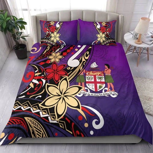 Fiji Bedding Set - Tribal Flower With Special Turtles Purple Color