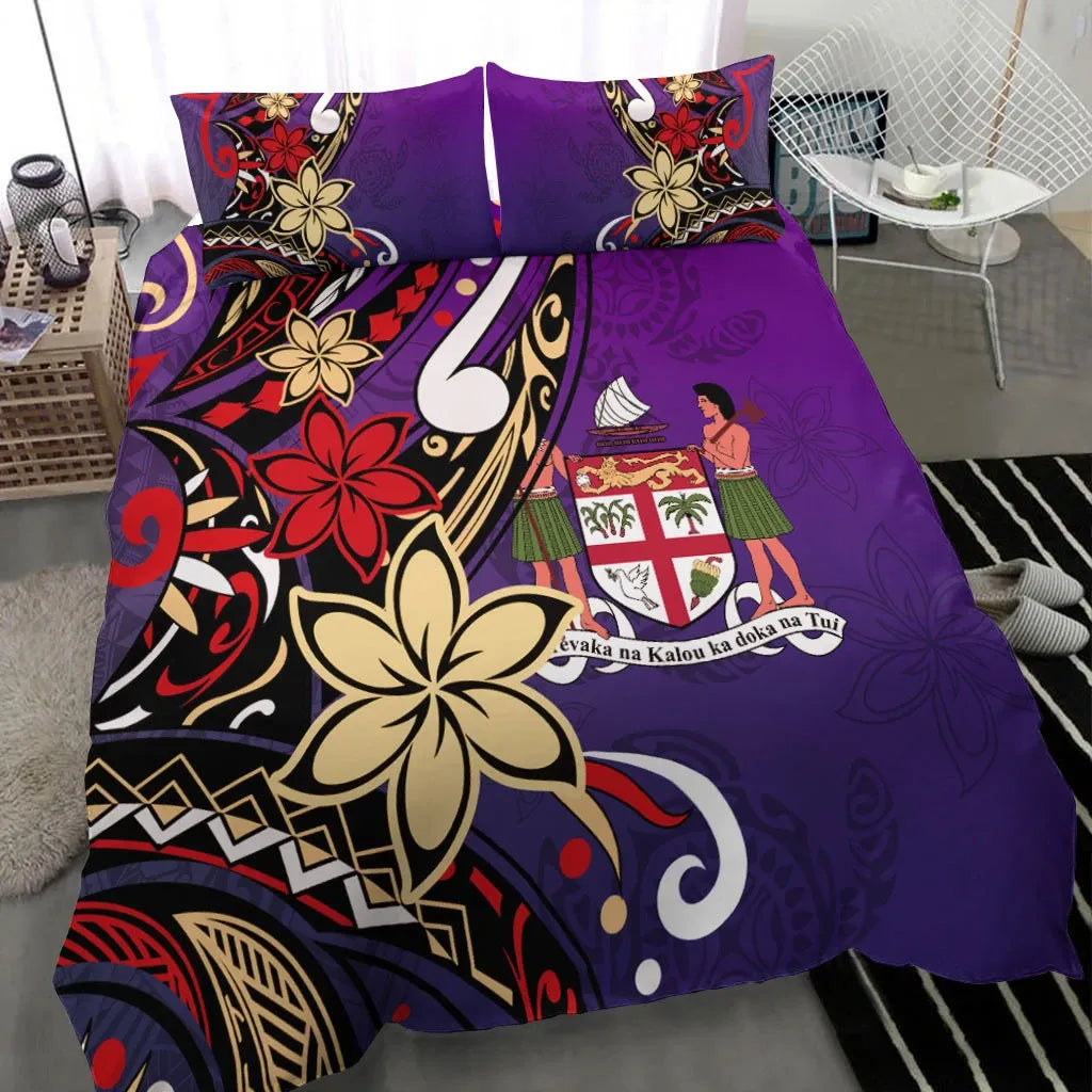 Fiji Bedding Set - Tribal Flower With Special Turtles Purple Color