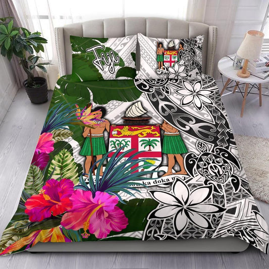 Fiji Bedding Set White - Turtle Plumeria Banana Leaf Crest