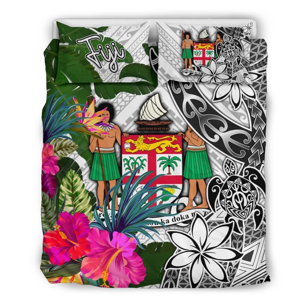 Fiji Bedding Set White - Turtle Plumeria Banana Leaf Crest