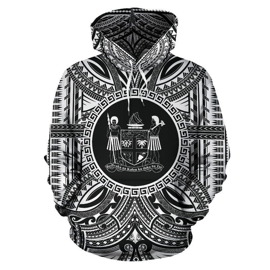 Fiji All Over Hoodie - Fiji Coat Of rms Polynesian White Black
