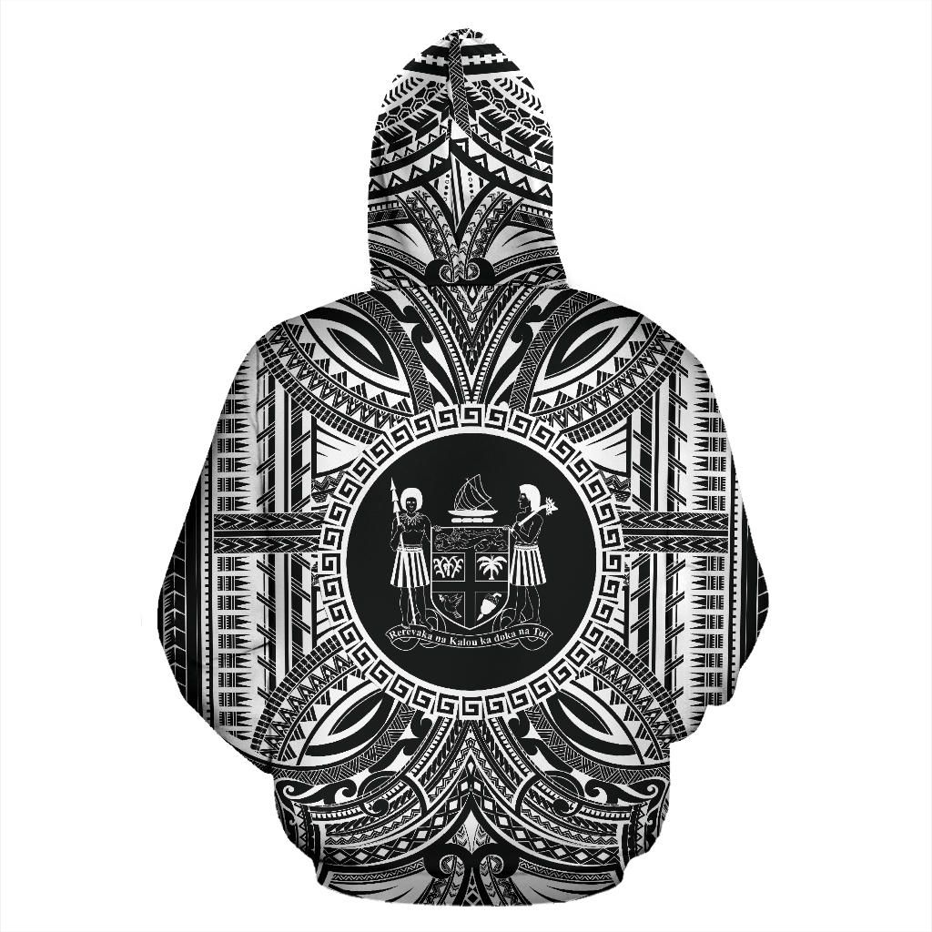 Fiji All Over Hoodie - Fiji Coat Of rms Polynesian White Black