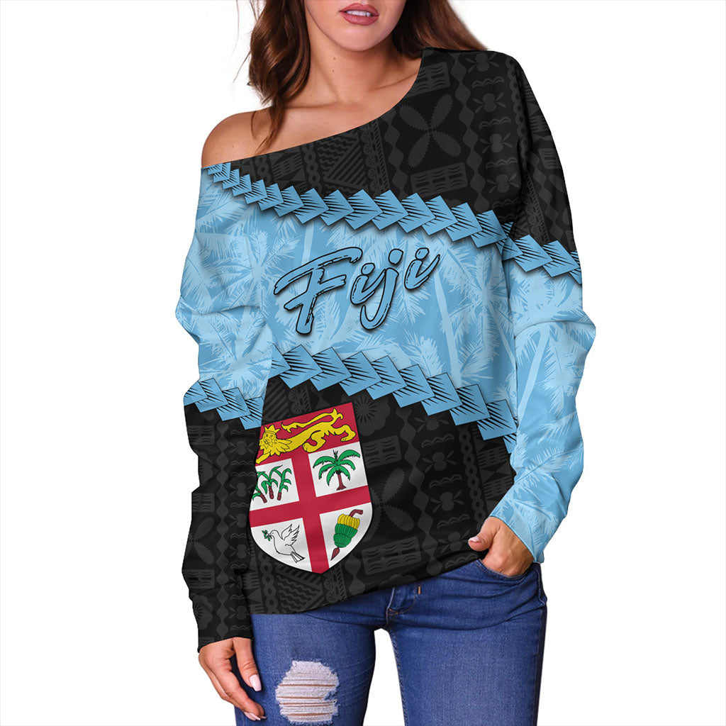 Fiji Off Shoulder Sweatshirt Coconut Pattern And Coat Of Arms
