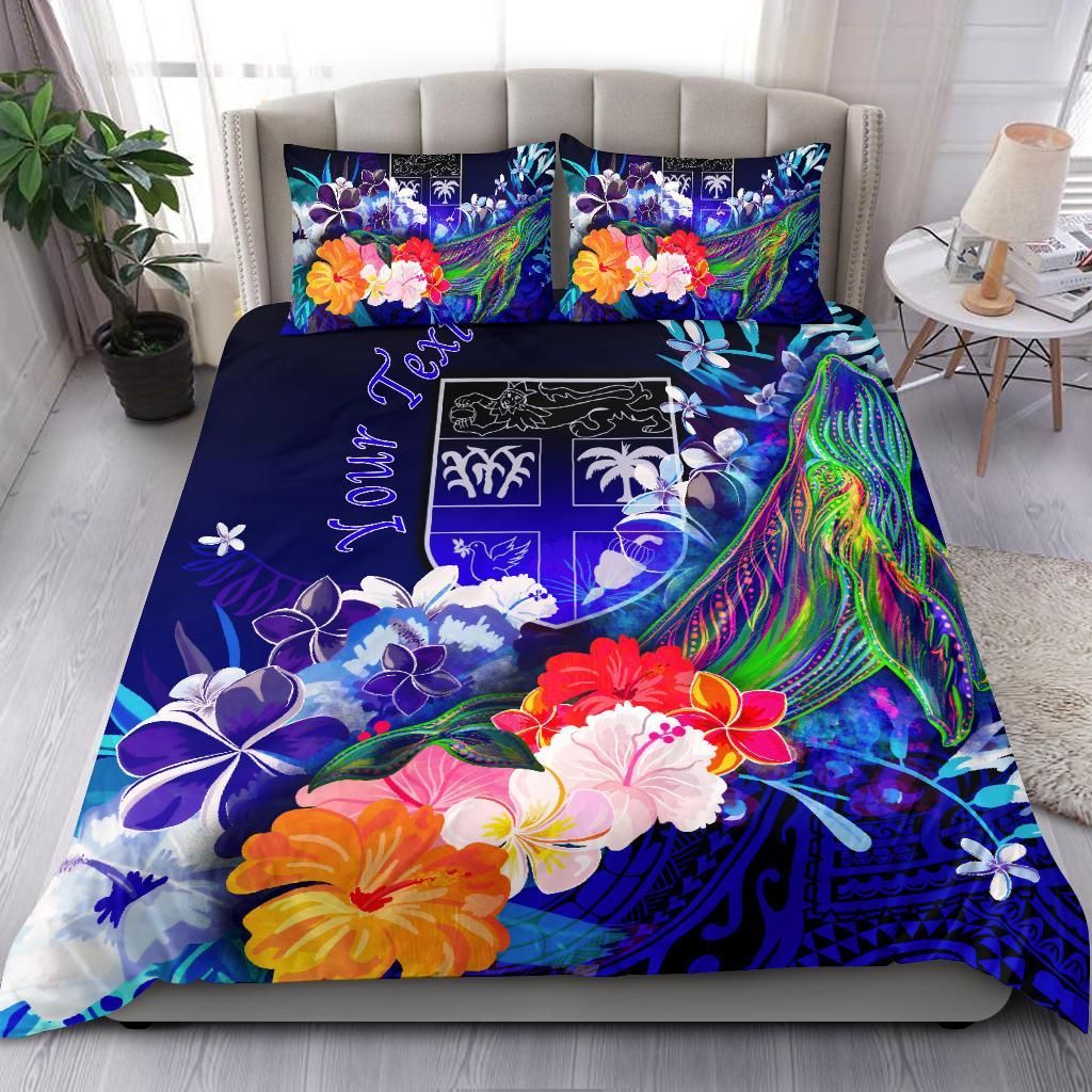 Fiji Custom Personalised Bedding Set - Humpback Whale With Tropical Flowers (Blue)