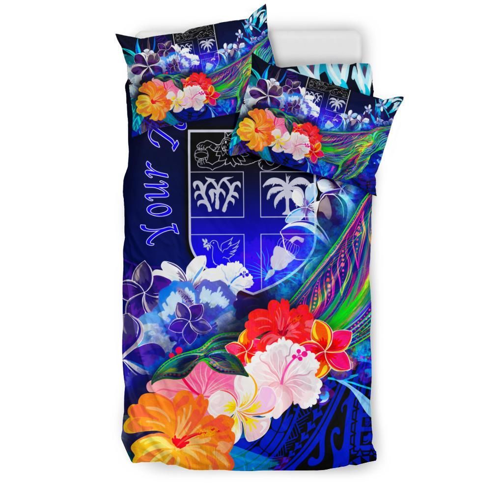 Fiji Custom Personalised Bedding Set - Humpback Whale With Tropical Flowers (Blue)