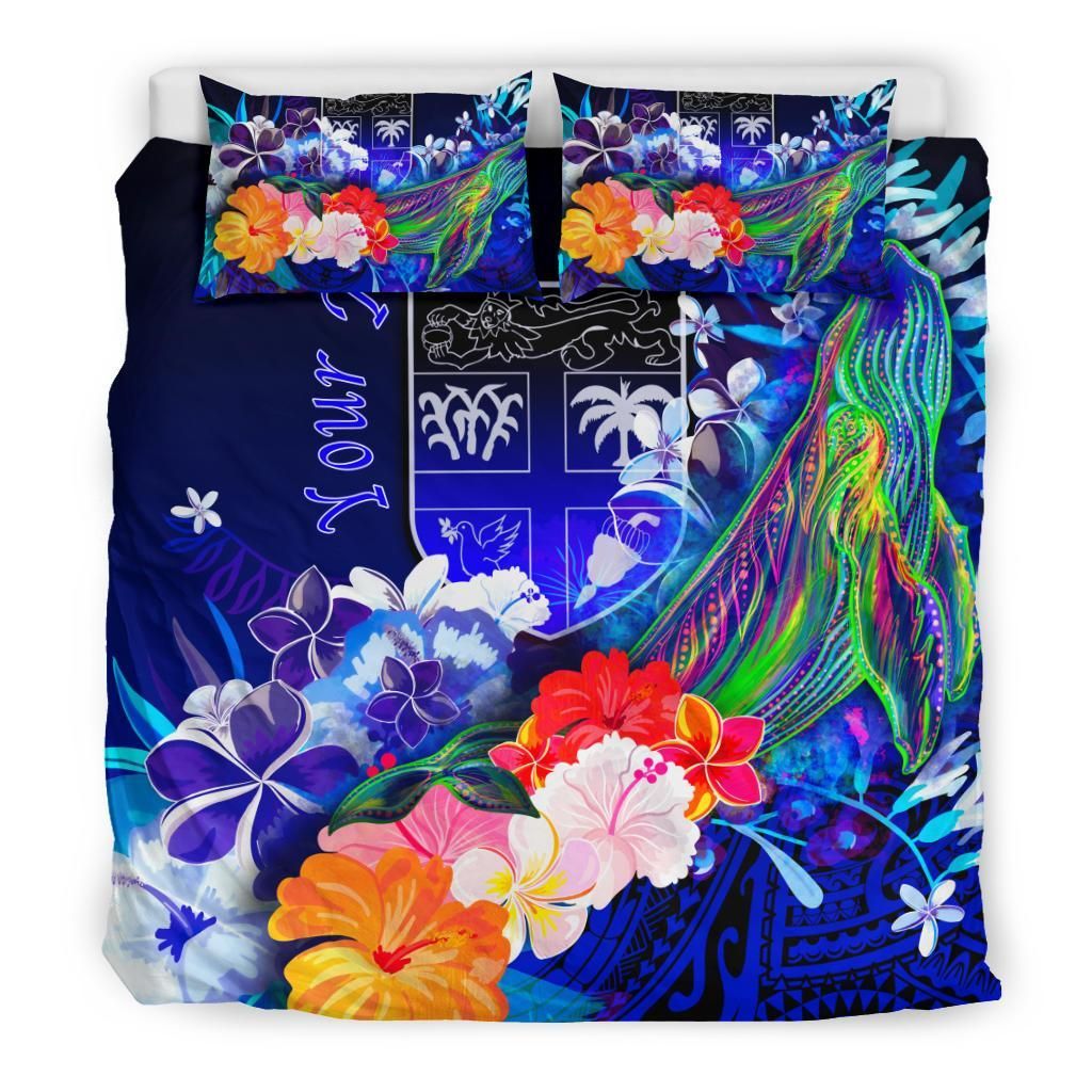 Fiji Custom Personalised Bedding Set - Humpback Whale With Tropical Flowers (Blue)