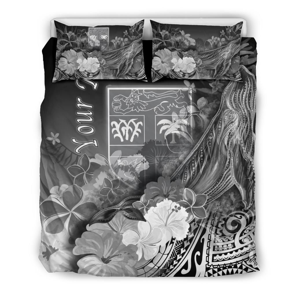 Fiji Custom Personalised Bedding Set - Humpback Whale With Tropical Flowers (White)