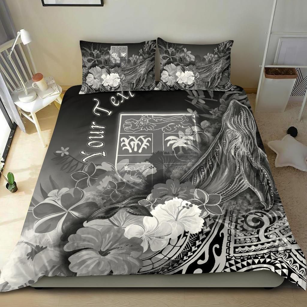 Fiji Custom Personalised Bedding Set - Humpback Whale With Tropical Flowers (White)