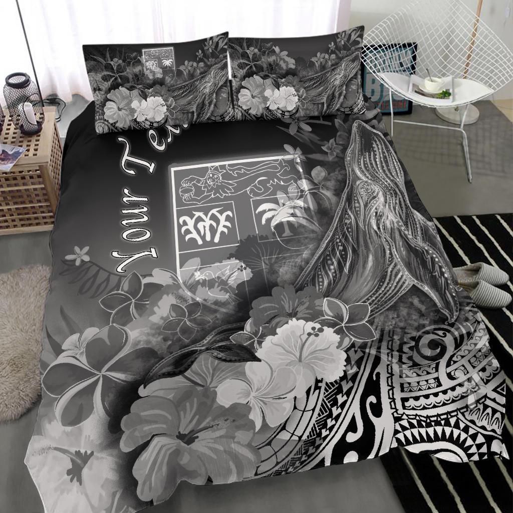 Fiji Custom Personalised Bedding Set - Humpback Whale With Tropical Flowers (White)