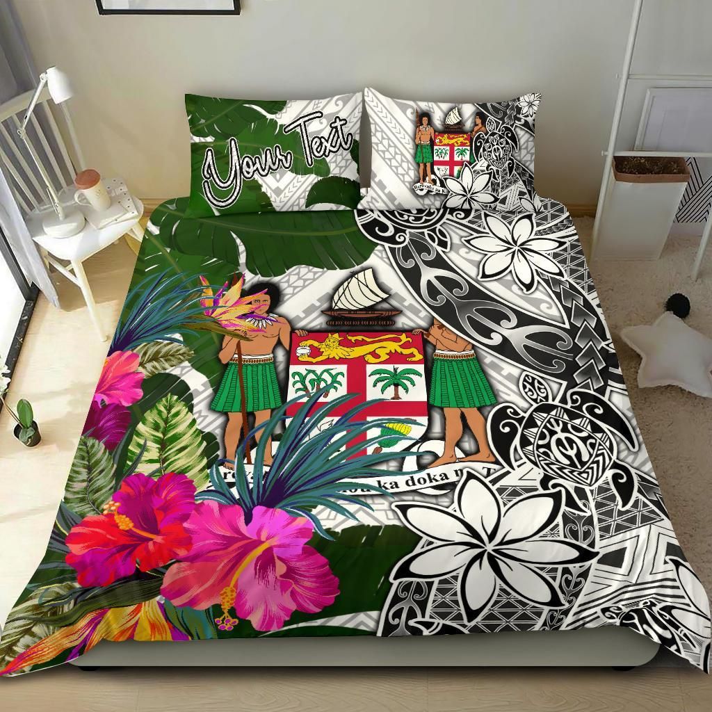 Fiji Custom Personalised Bedding Set White - Turtle Plumeria Banana Leaf Crest