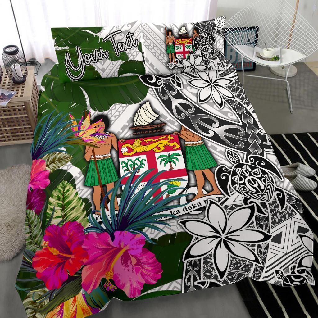 Fiji Custom Personalised Bedding Set White - Turtle Plumeria Banana Leaf Crest
