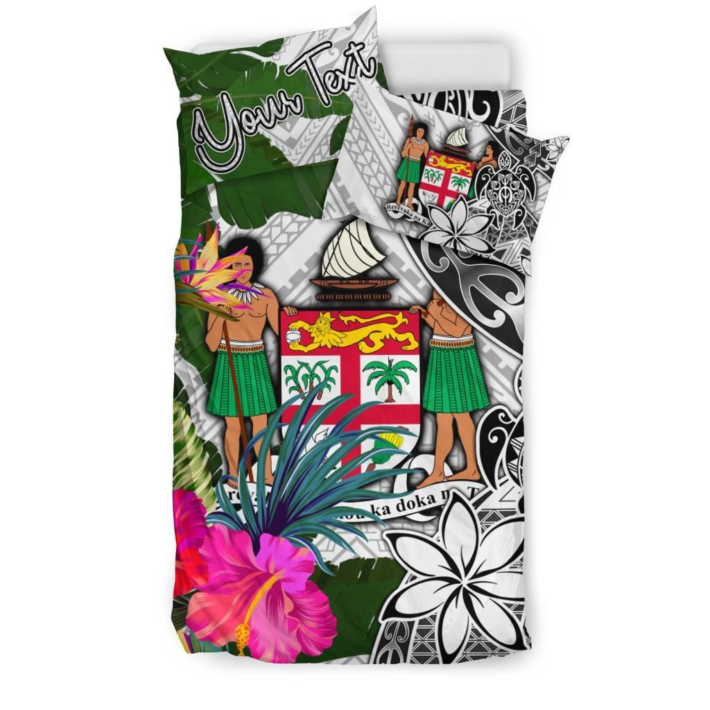Fiji Custom Personalised Bedding Set White - Turtle Plumeria Banana Leaf Crest