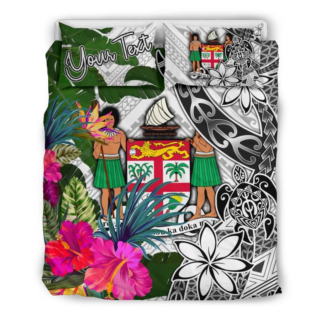 Fiji Custom Personalised Bedding Set White - Turtle Plumeria Banana Leaf Crest