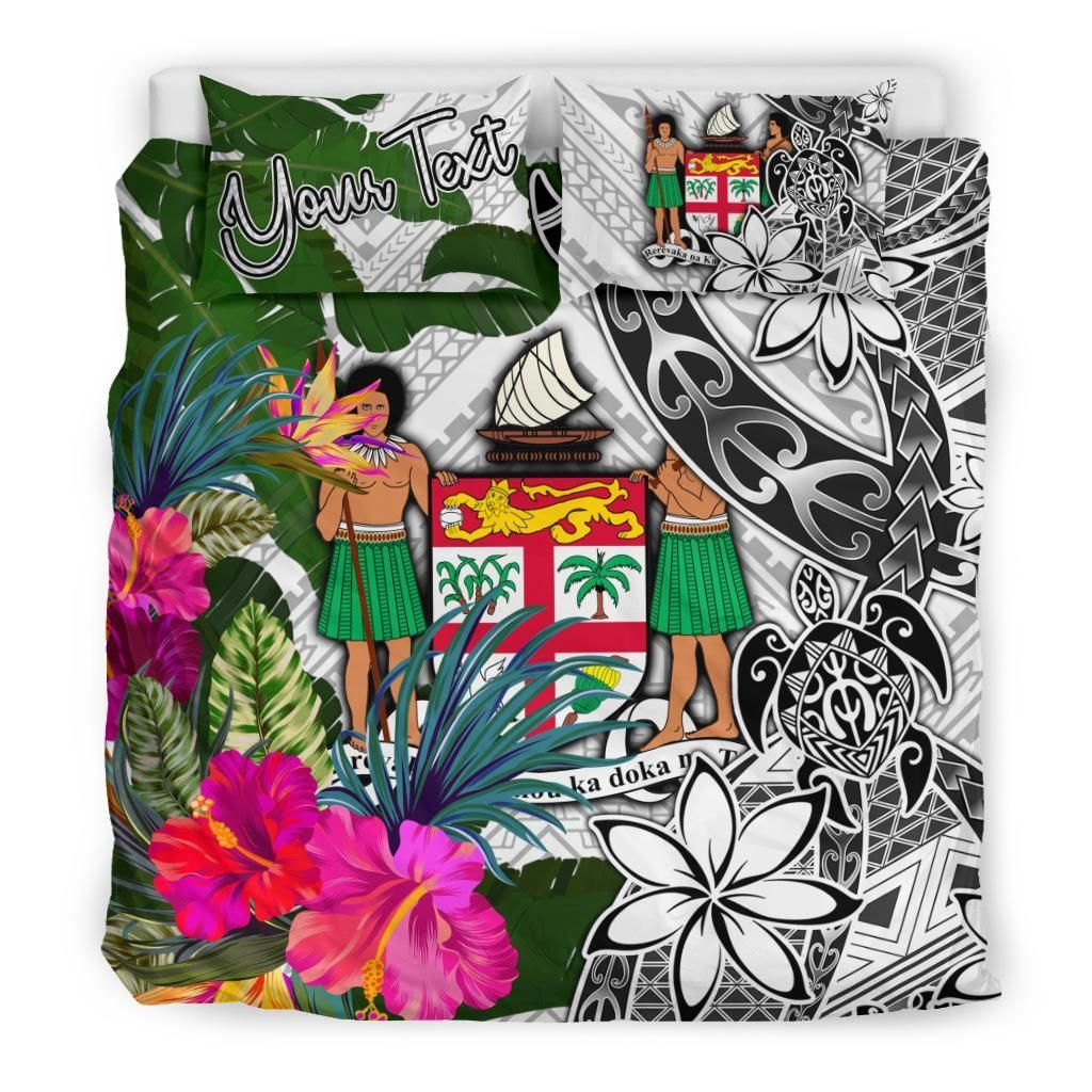 Fiji Custom Personalised Bedding Set White - Turtle Plumeria Banana Leaf Crest