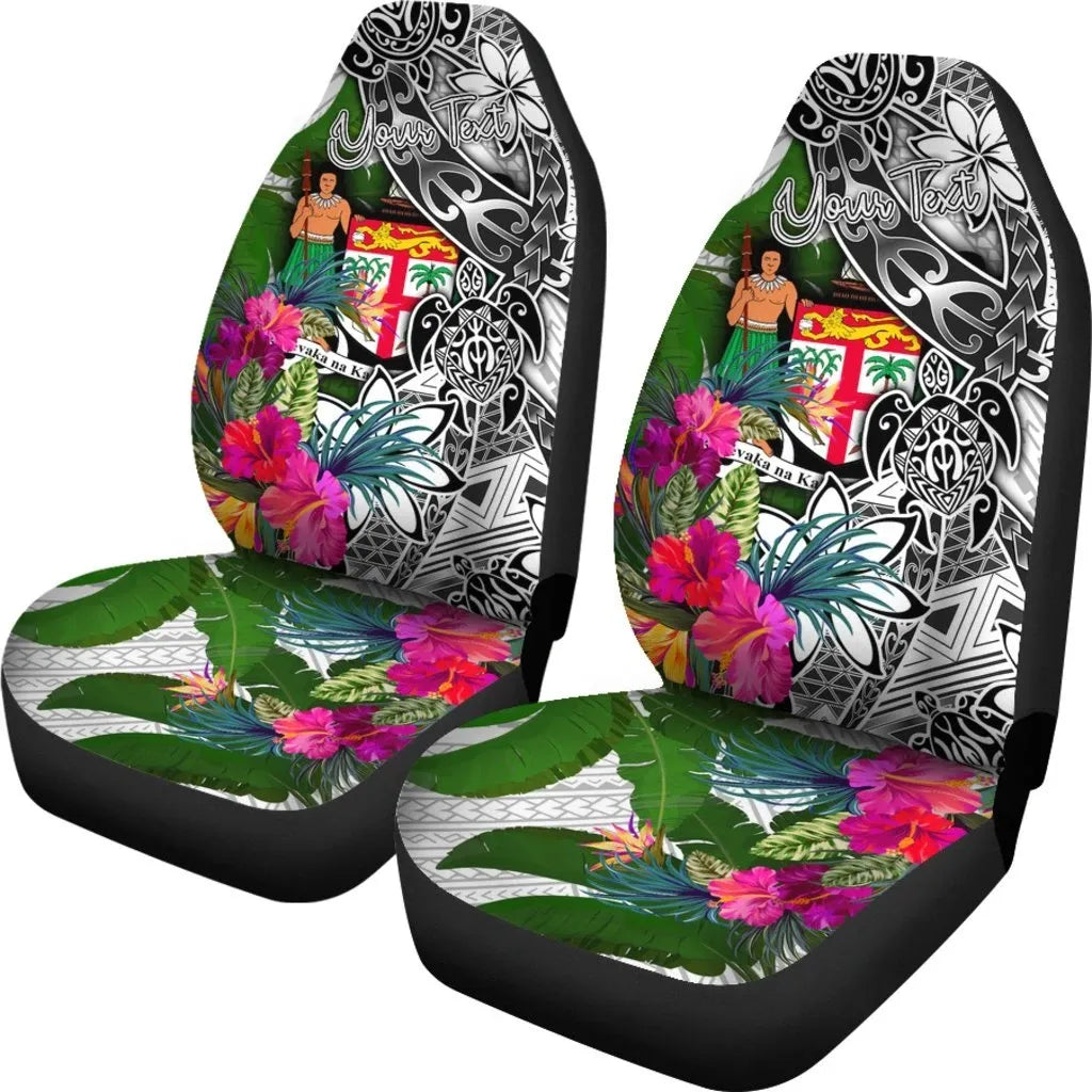 Fiji Custom Personalised Car Seat Covers White - Turtle Plumeria Banana Leaf Crest