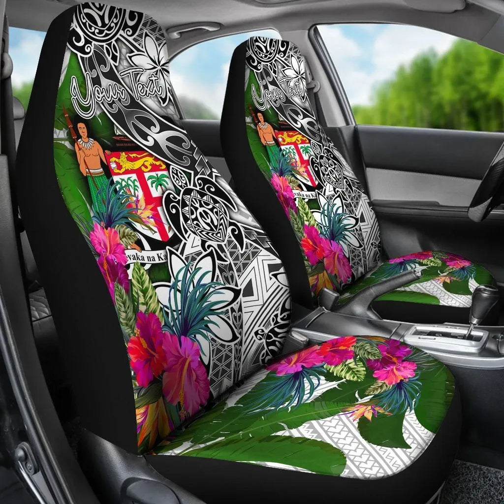 Fiji Custom Personalised Car Seat Covers White - Turtle Plumeria Banana Leaf Crest