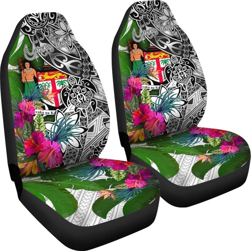 Fiji Custom Personalised Car Seat Covers White - Turtle Plumeria Banana Leaf Crest