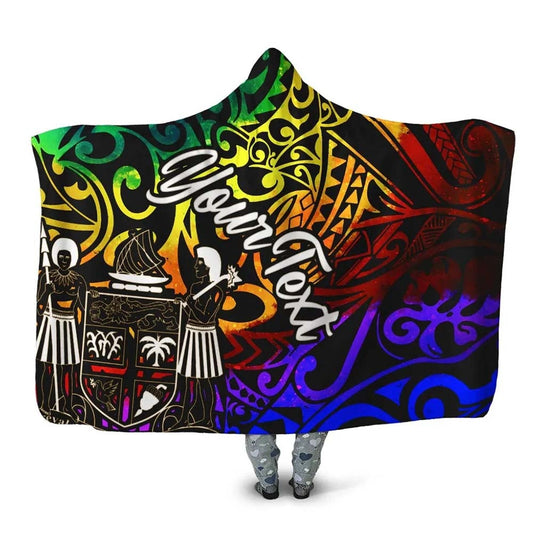 Fiji Custom Personalised Hooded Blanket - Rainbow Polynesian Pattern Crest