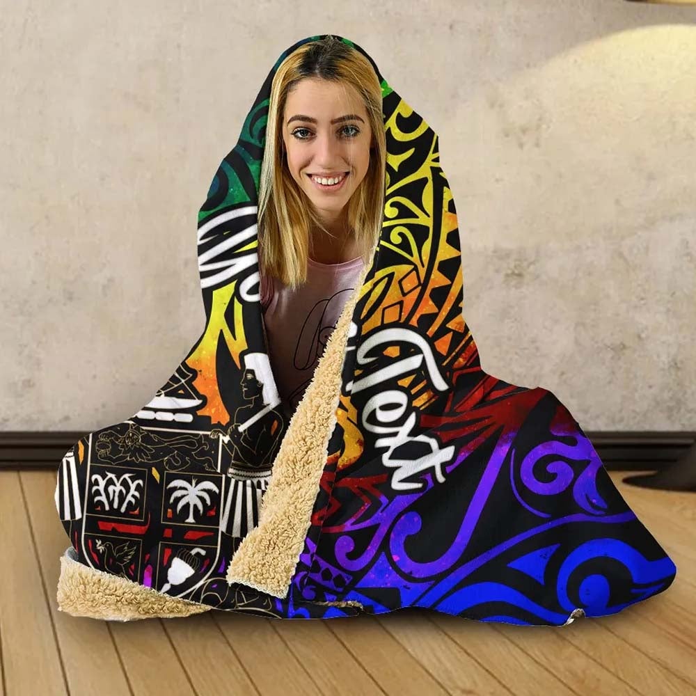 Fiji Custom Personalised Hooded Blanket - Rainbow Polynesian Pattern Crest