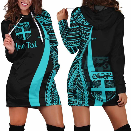 Fiji Custom Personalised Hoodie Dress - Turquoise Polynesian Tentacle Pattern