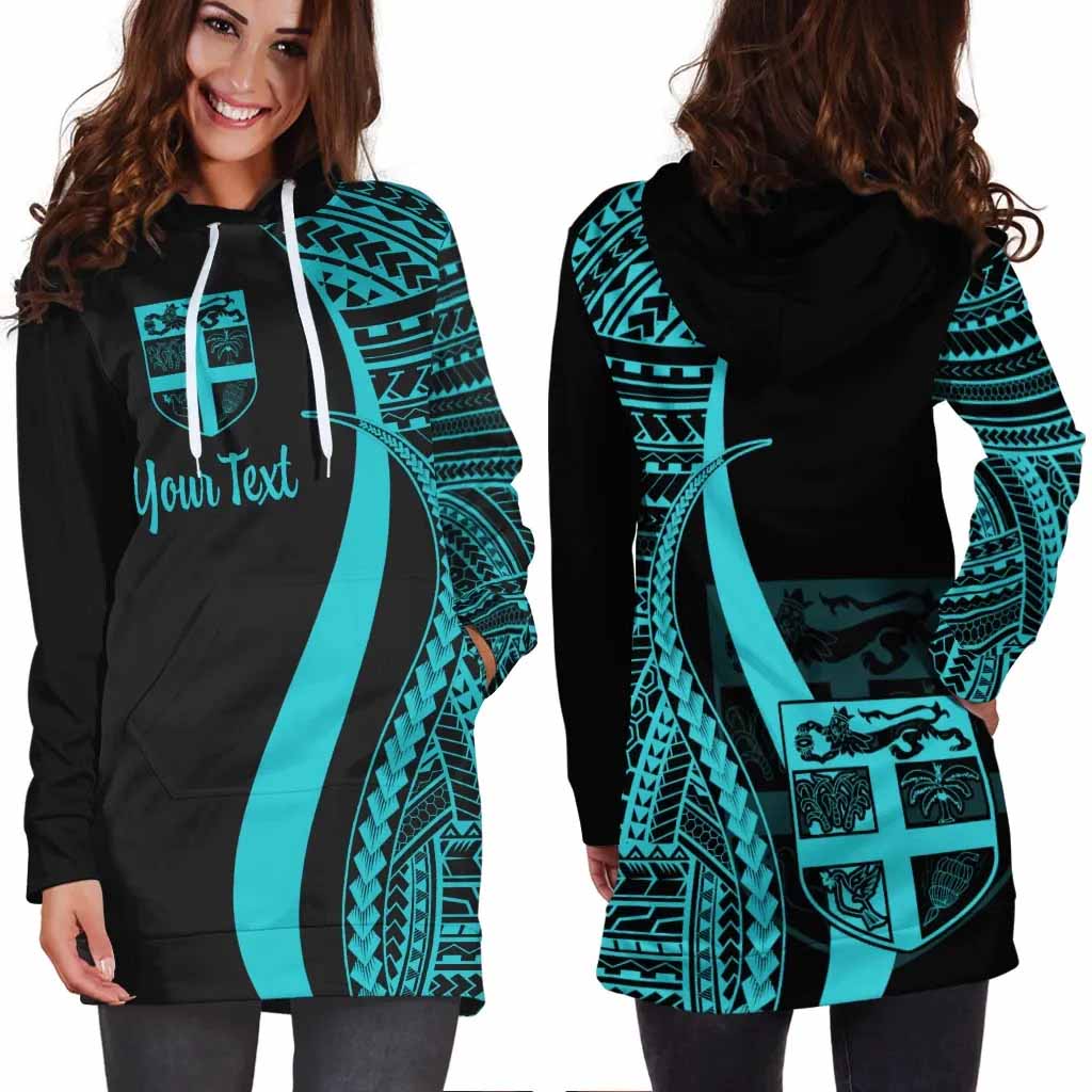 Fiji Custom Personalised Hoodie Dress - Turquoise Polynesian Tentacle Pattern