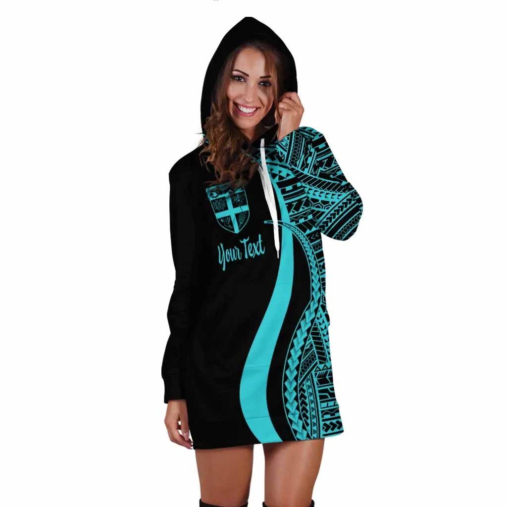 Fiji Custom Personalised Hoodie Dress - Turquoise Polynesian Tentacle Pattern