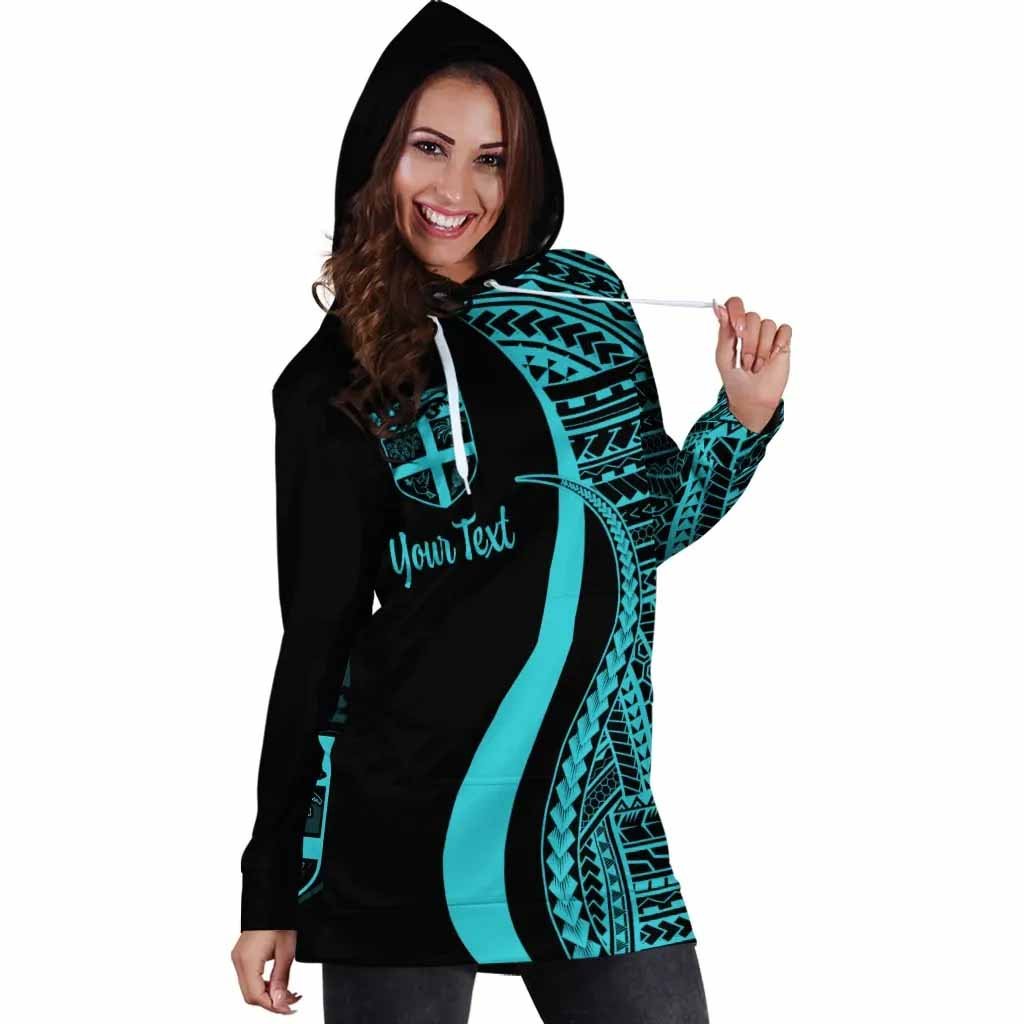 Fiji Custom Personalised Hoodie Dress - Turquoise Polynesian Tentacle Pattern