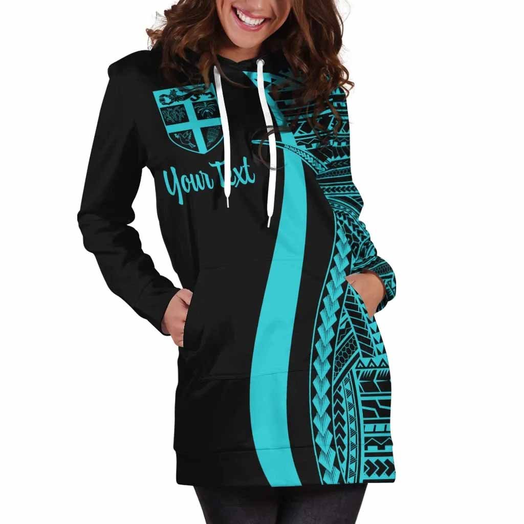 Fiji Custom Personalised Hoodie Dress - Turquoise Polynesian Tentacle Pattern