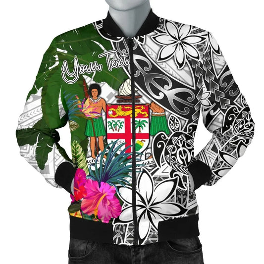 Fiji Custom Personalised Bomber Jacket White - Turtle Plumeria Banana Leaf Crest