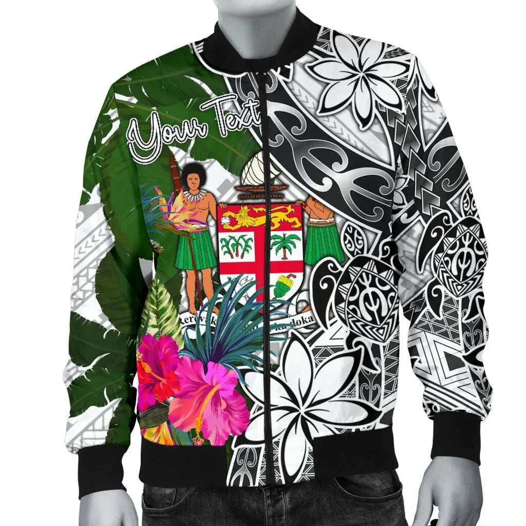 Fiji Custom Personalised Bomber Jacket White - Turtle Plumeria Banana Leaf Crest