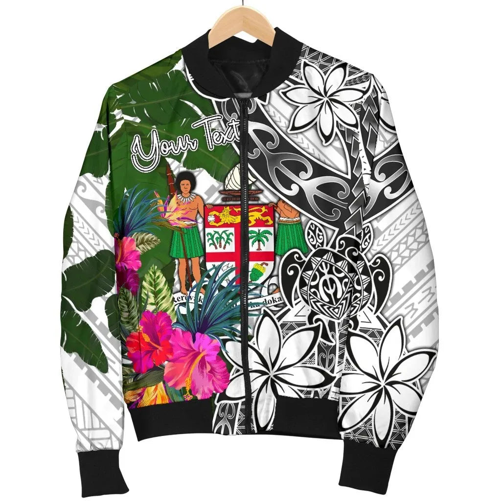 Fiji Custom Personalised Bomber Jacket White - Turtle Plumeria Banana Leaf Crest