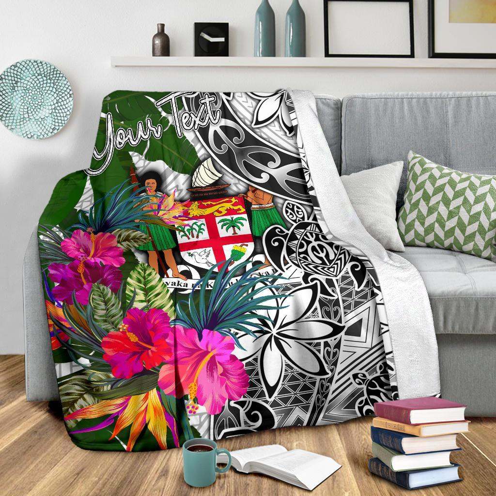 Fiji Custom Personalised Premium Blanket White - Turtle Plumeria Banana Leaf Crest