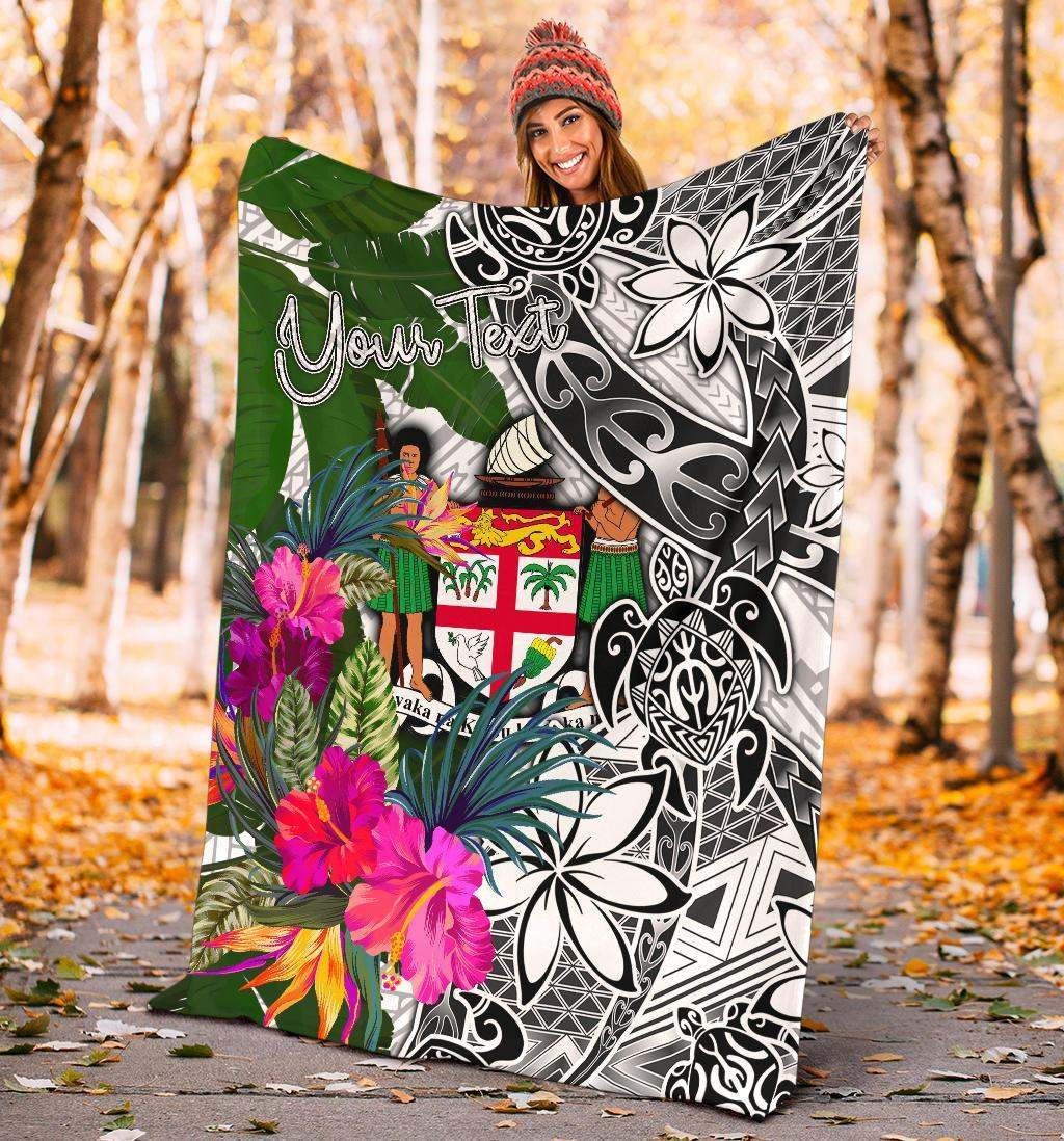 Fiji Custom Personalised Premium Blanket White - Turtle Plumeria Banana Leaf Crest
