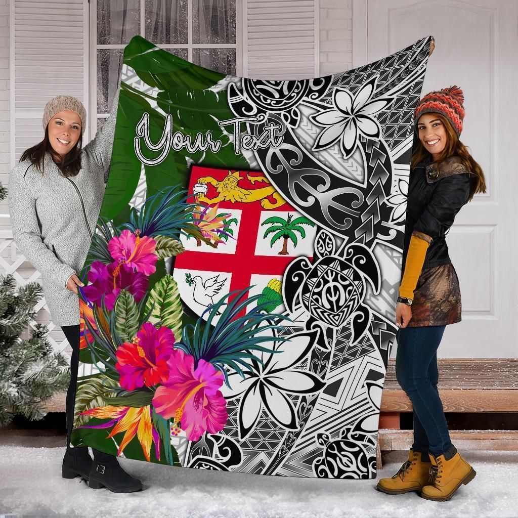 Fiji Custom Personalised Premium Blanket White - Turtle Plumeria Banana Leaf