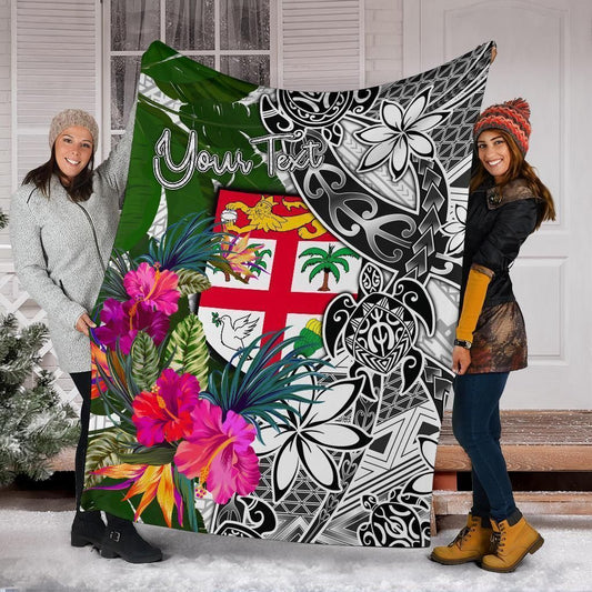 Fiji Custom Personalised Premium Blanket White - Turtle Plumeria Banana Leaf