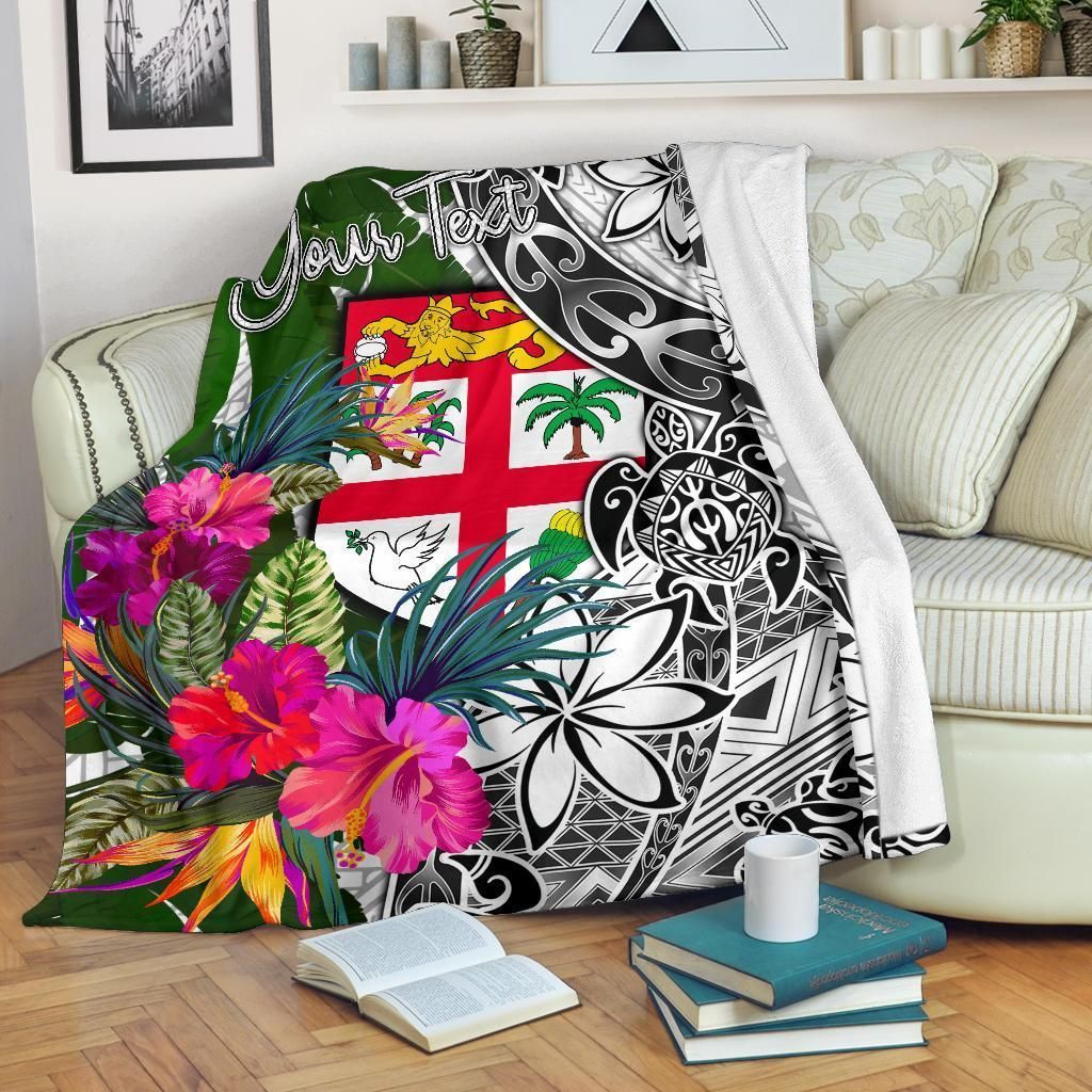 Fiji Custom Personalised Premium Blanket White - Turtle Plumeria Banana Leaf